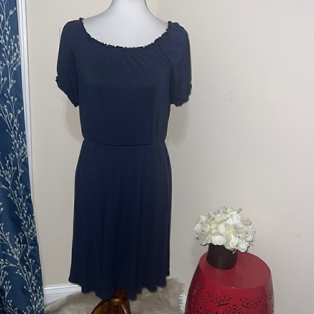 ModCloth Navy Ribbed Fit and Flare Skater Dress Puff Sleeve Sz L Large